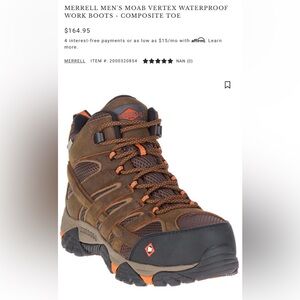 Merrell composite toe, non slip, Work Boots, 9.5, waterproof,durable,Vibram sole